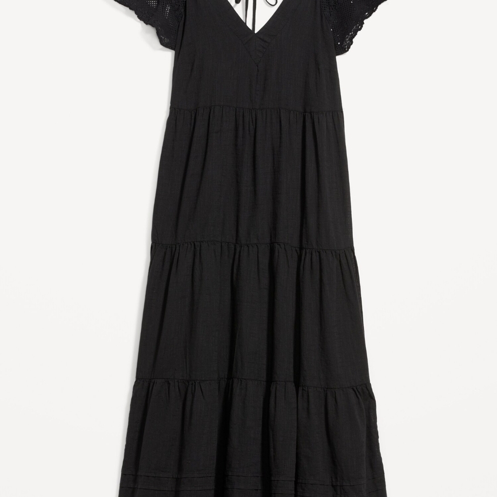 Flutter-Sleeve Tie-Back Black Maxi Swing Dress